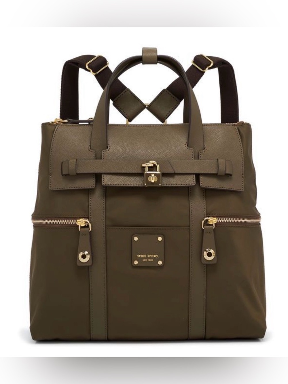 Henri Bendel Mini Jetsetter Convertible Backpack Tote Olive Green Gold Hardware